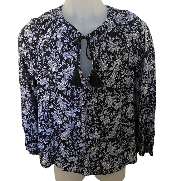 LUCKY BRAND Floral Black & White Blouse w/ Tassel Women SP Small Petite - Picture 1 of 7